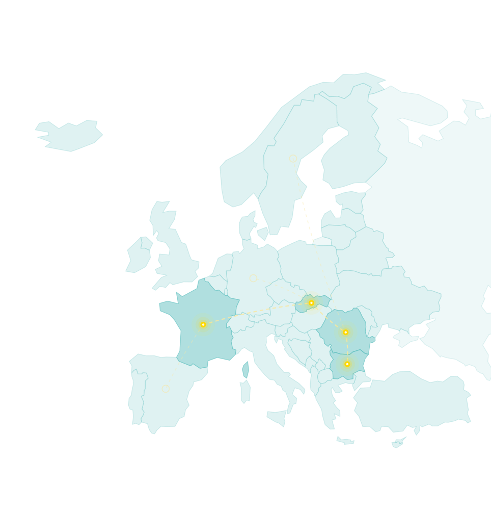 Map of Europe connecting the founding partner countries France, Slovakia, Romania and Bulgaria, with lighter dotted branches illustrating openness to other European countries.