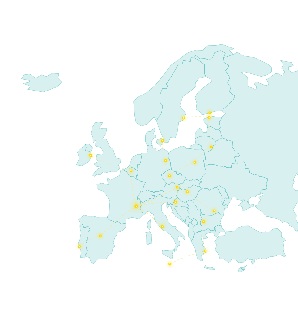Map of Europe with dotted links from Grenoble to cities across the continent