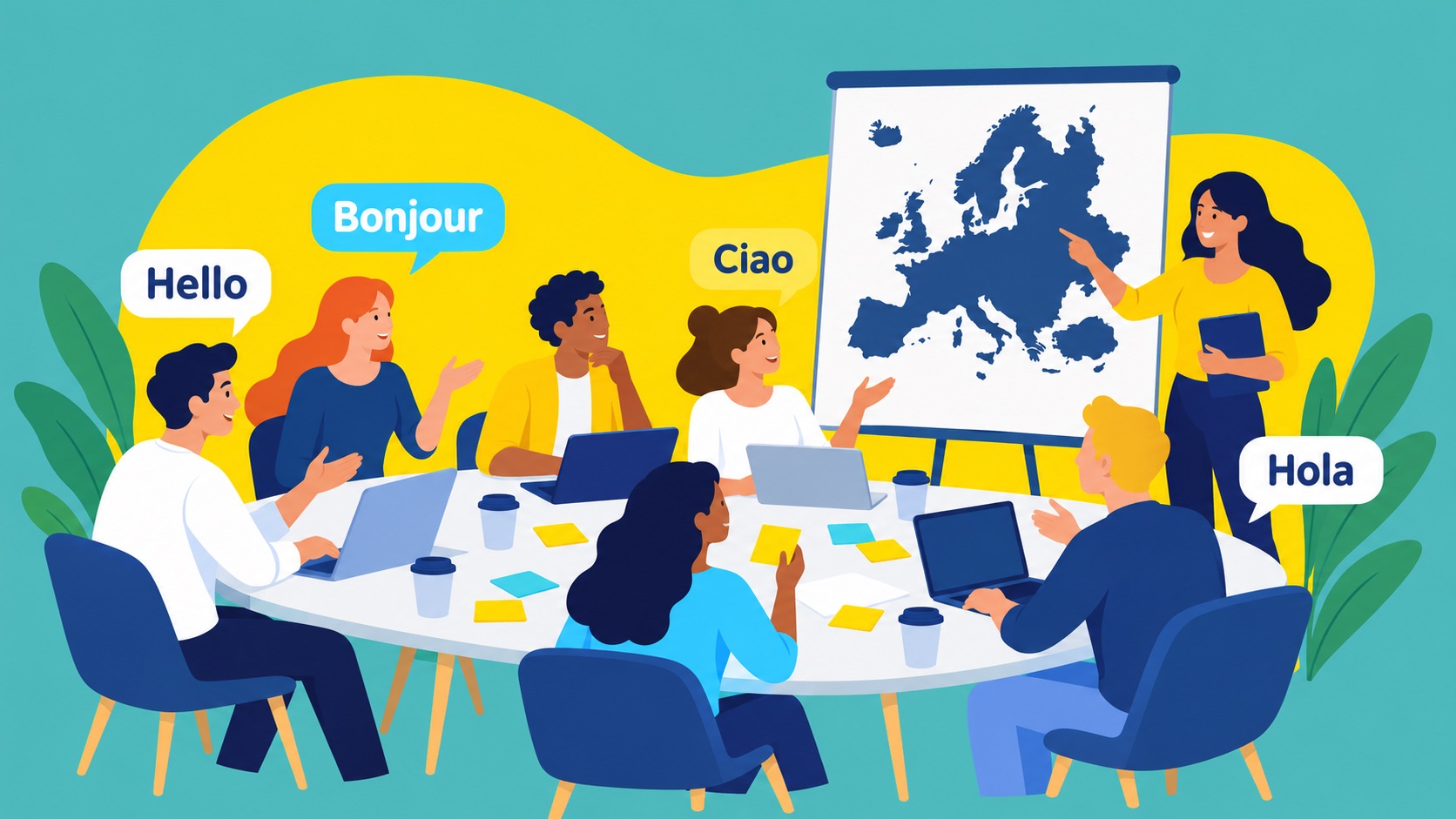 Illustration of people from different organisations working together around a table, with a map of Europe